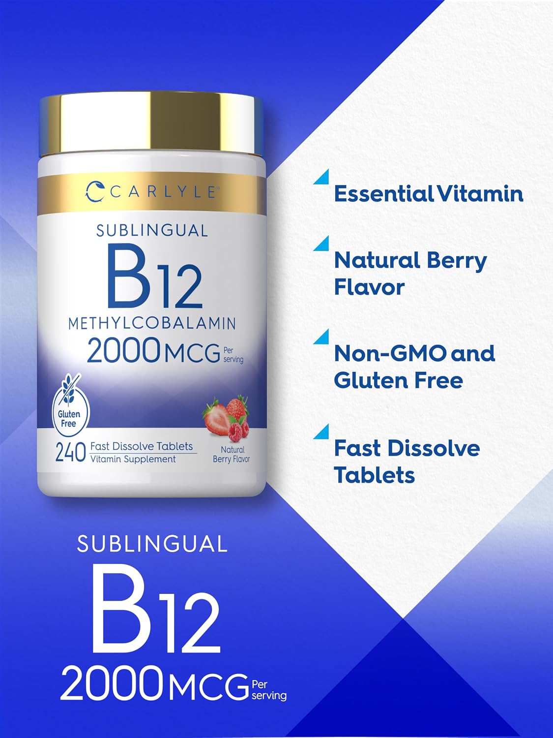 Carlyle B12 Vitamin 2000 mcg - Sublingual Methylcobalamin Fast Dissolve Tablets, Berry Flavour, 240 Count - görsel 4