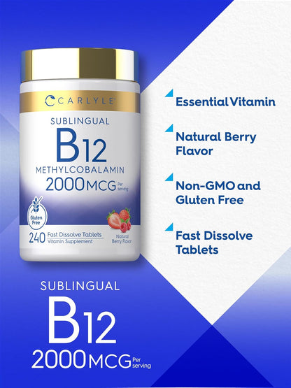 Carlyle B12 Vitamin 2000 mcg - Sublingual Methylcobalamin Fast Dissolve Tablets, Berry Flavour, 240 Count