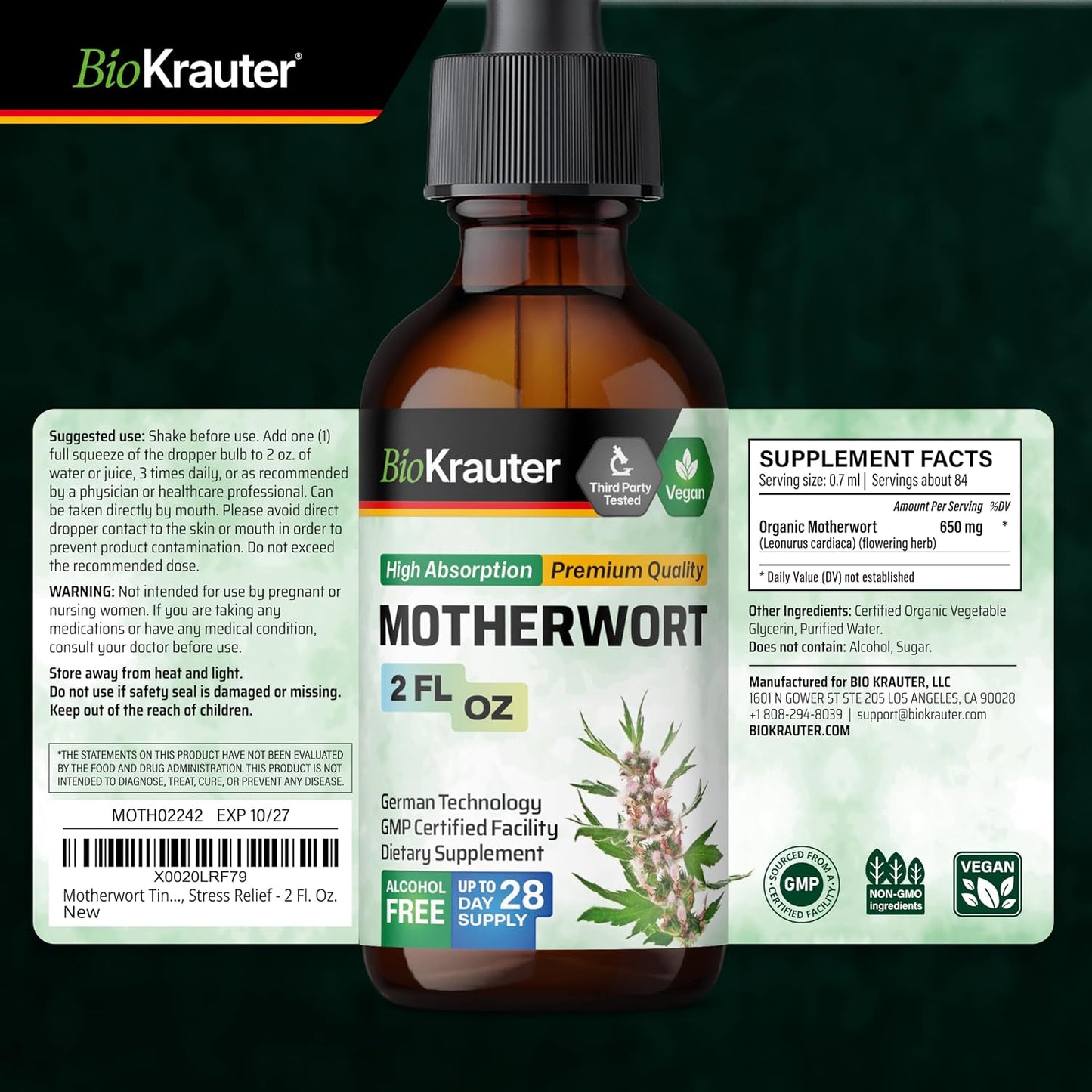 BIO KRAUTER® Perimenopause & Menopause Supplement – Vegan Motherwort Tincture, 60 ml - görsel 9