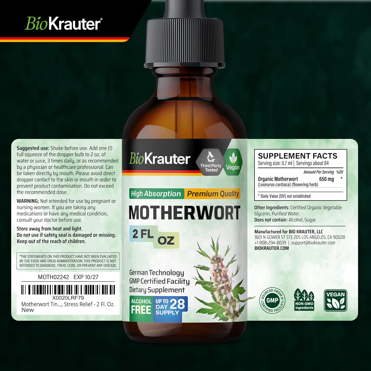 BIO KRAUTER® Perimenopause & Menopause Supplement – Vegan Motherwort Tincture, 60 ml - görsel 9