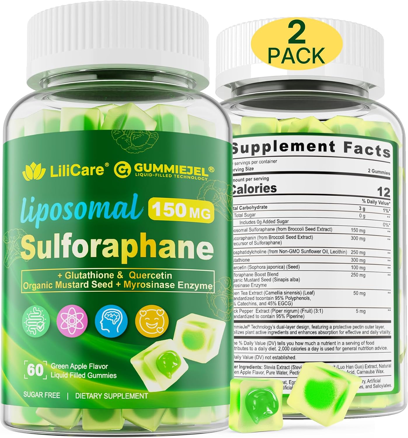 Liposomal Sulforaphane Supplement 150mg – Broccoli Seed Extract with Myrosinase, Quercetin, Glutathione – Chewable Gummies, 120 Gummies - görsel 1