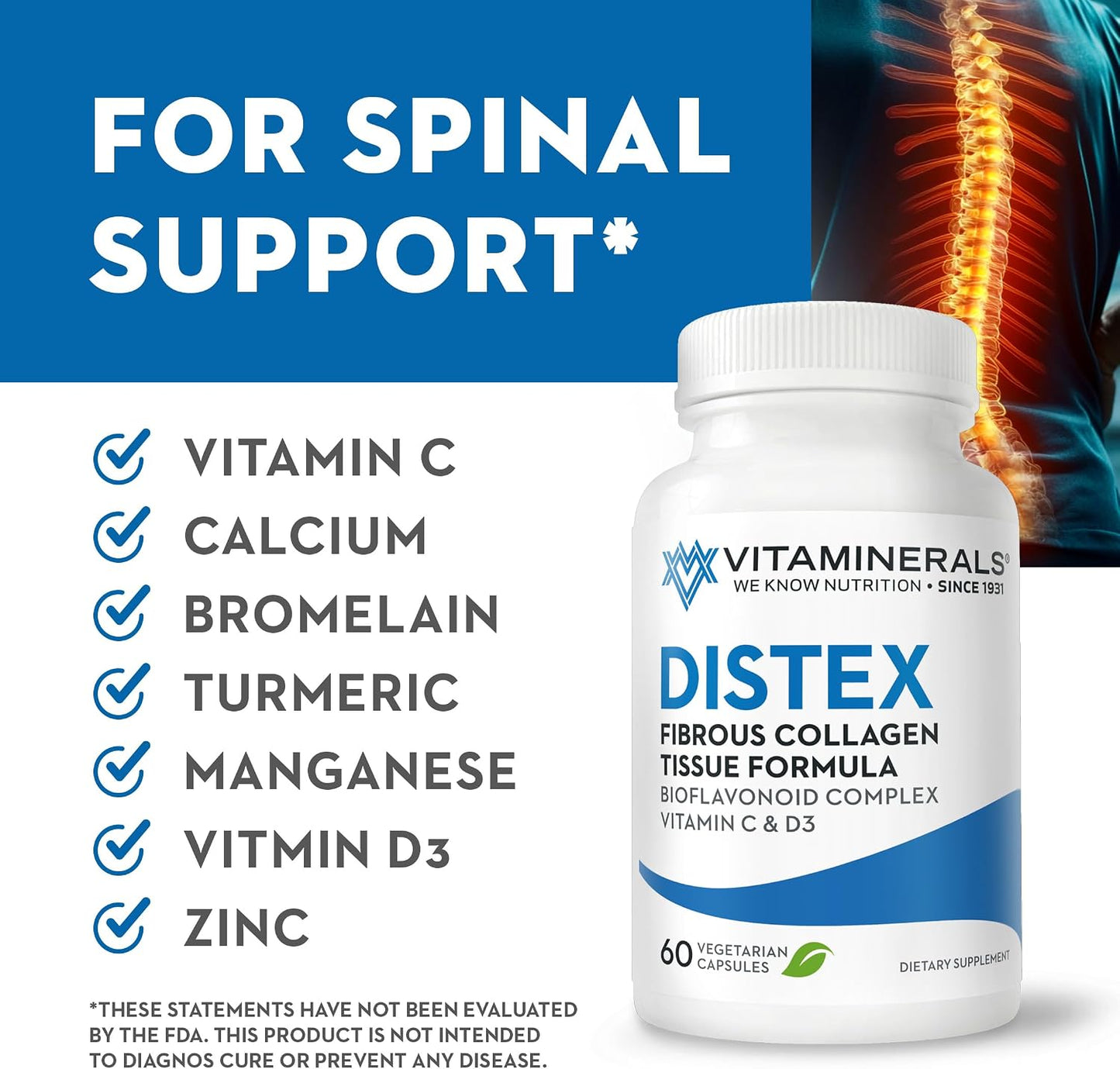 Vitaminerals 117 Distex™ Spinal Disc Support - Bromelain, Turmeric, Manganese - 60 Vegan Capsules - görsel 3