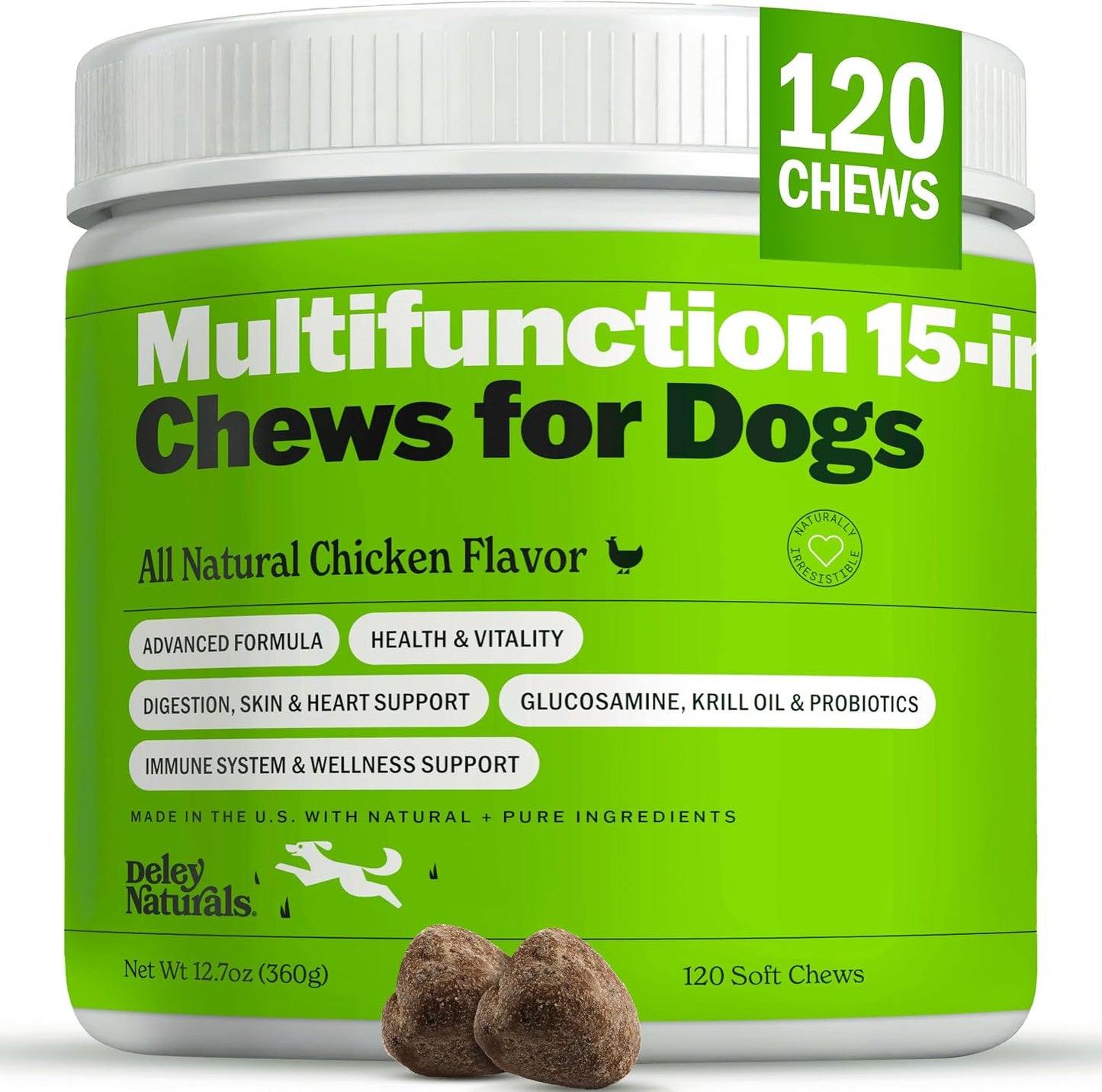 Deley Naturals 15 in 1 Multivitamin for Dogs - Complete Dog Vitamins and Supplements for Immune Support, Joint, Skin, Digestion, Heart & Overall Health - Daily Multifunction Supplements - 120 Chews - görsel 1