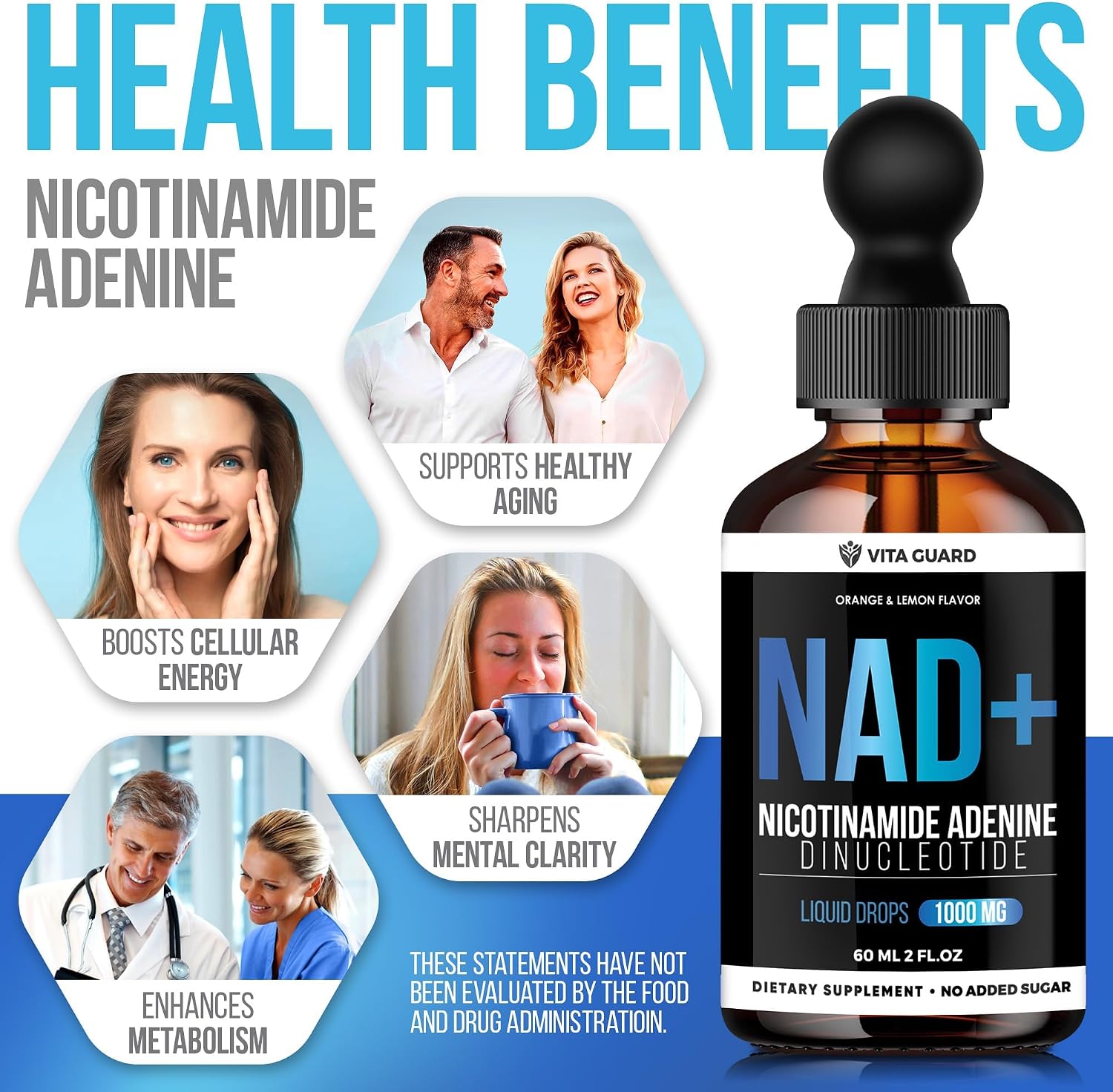 Vita Guard Pure NAD+ Liquid Drops 1000mg - NAD+ Precursor Supplement with Natural Citrus Flavour - görsel 4