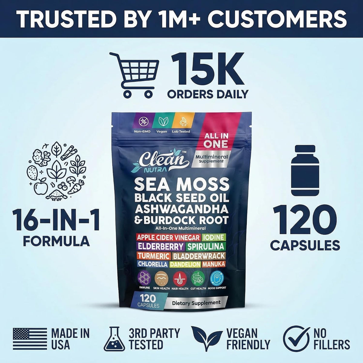 Clean Nutraceuticals MultiMineral Blend - Sea Moss, Black Seed Oil, Ashwagandha, Turmeric, Bladderwrack, Burdock, Vitamins C & D3 - 120 Capsules - görsel 8