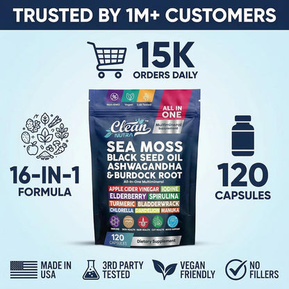 Clean Nutraceuticals MultiMineral Blend - Sea Moss, Black Seed Oil, Ashwagandha, Turmeric, Bladderwrack, Burdock, Vitamins C & D3 - 120 Capsules