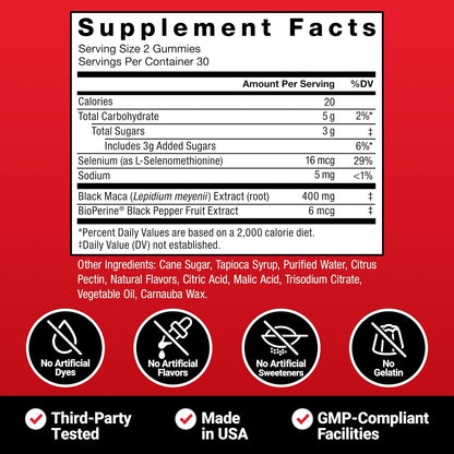 Force Factor Black Maca Gummies – Energy and Vitality Food Supplement with BioPerine and Selenium, 60 Gummies
