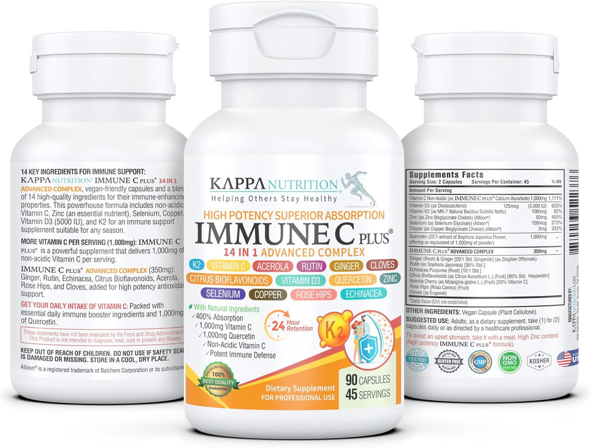 KAPPA NUTRITION Immune C Plus - 14-in-1 Complex with Quercetin, Vitamin C, Zinc, Vitamin D3, Selenium, Copper, Acerola, Ginger, Rutin, Bitter Orange, Rose Hips, Echinacea, Vitamin K2, Cloves (90 Capsules) - görsel 2