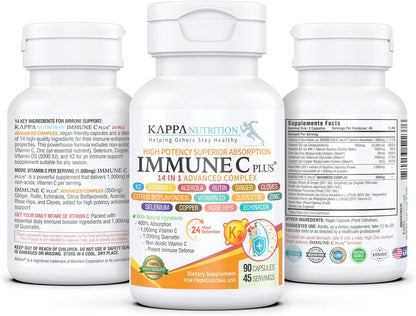 KAPPA NUTRITION Immune C Plus - 14-in-1 Complex with Quercetin, Vitamin C, Zinc, Vitamin D3, Selenium, Copper, Acerola, Ginger, Rutin, Bitter Orange, Rose Hips, Echinacea, Vitamin K2, Cloves (90 Capsules)