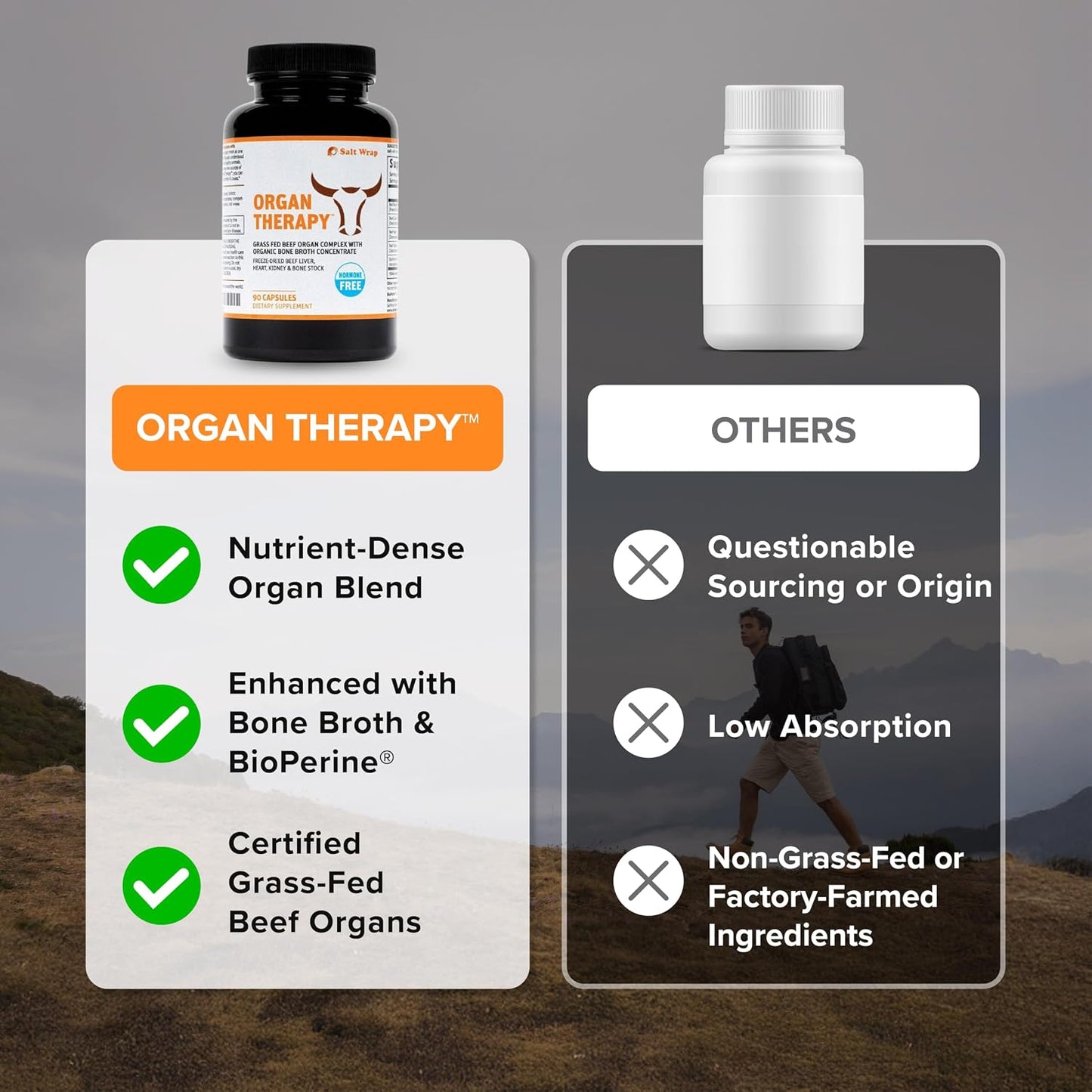 SaltWrap Organ Therapy - Grass Fed Beef Organ Meat Complex Supplement with Organic Bone Broth Concentrate (Beef Liver, Heart, Kidney and Bone Broth Capsules with BioPerine) Desiccated, 90 Capsules - görsel 8