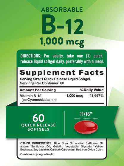 Nature's Truth Vitamin B12 1000 mcg Quick Release Liquid Softgels, 60 Capsules