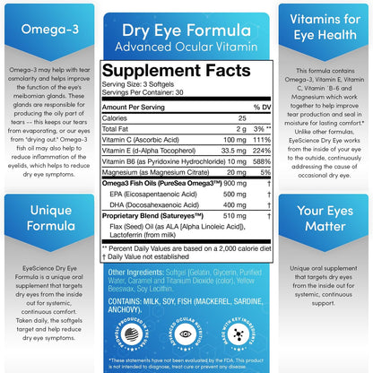 EyeScience Dry Eye Formula – 900mg Omega-3 Food Supplement for Dry Eyes with EPA DHA & Antioxidant Vitamins C and E, 90 Softgels