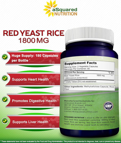 aSquared Nutrition Red Yeast Rice 1800mg - Food Supplement Vegan Capsules to Help Maintain Normal Cholesterol Levels - 180 Veggie Capsules