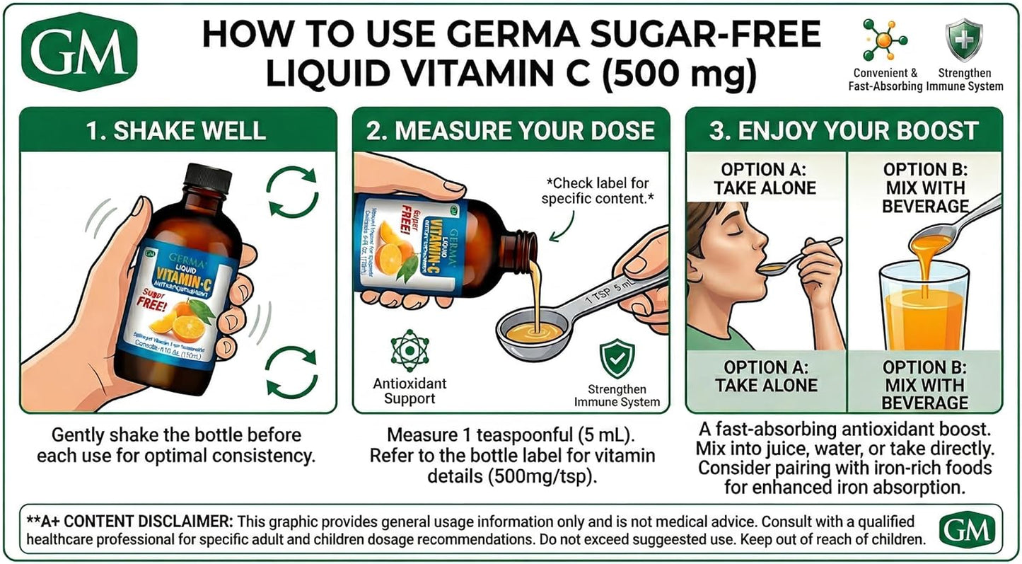Germa Sugar-Free Liquid Vitamin C 500 mg - Fast Absorption Food Supplement - Immune Support - 118 ml - görsel 3