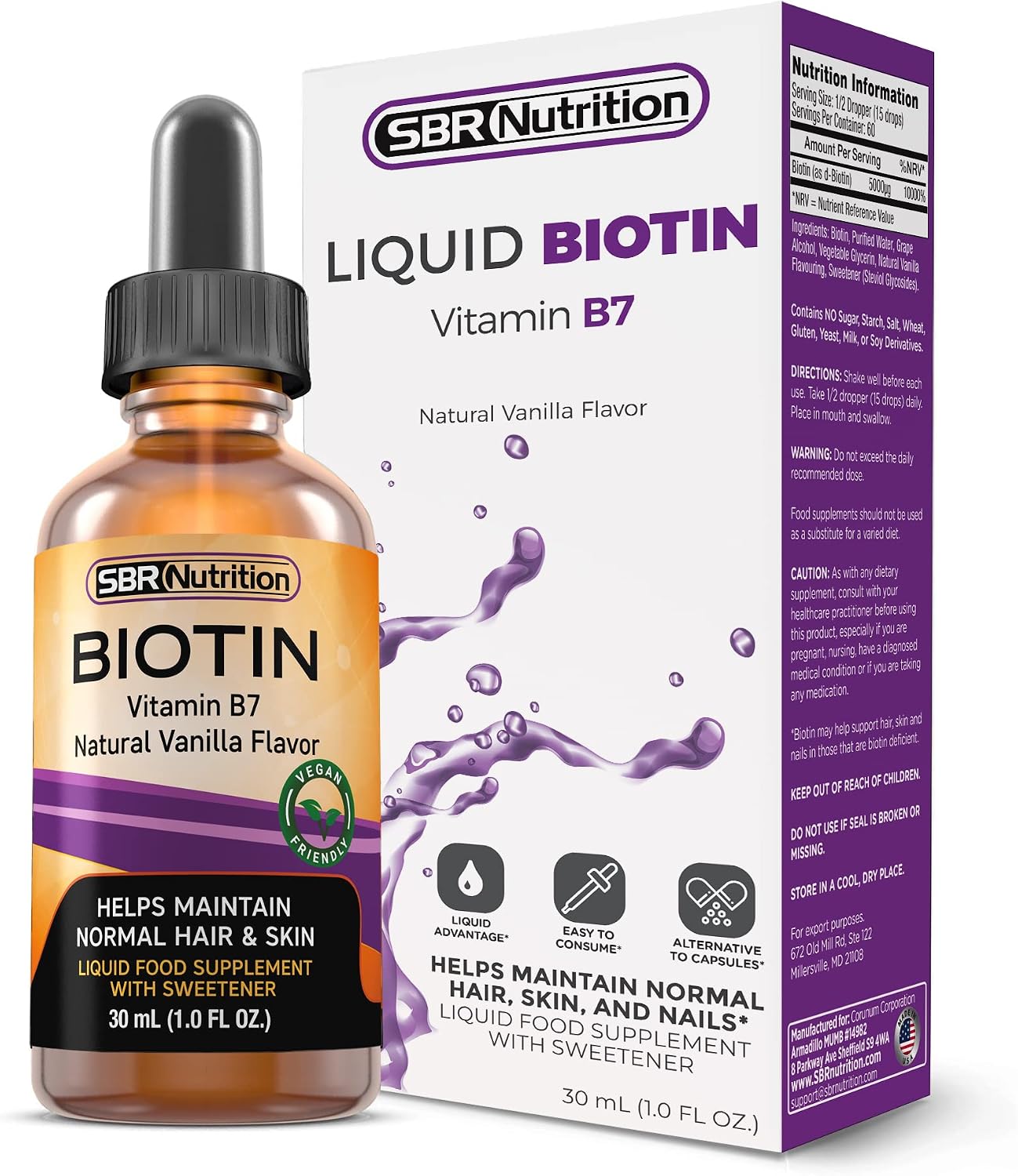 SBR Nutrition Biotin Liquid Drops, 5000 mcg, Vanilla, 30 ml - görsel 3
