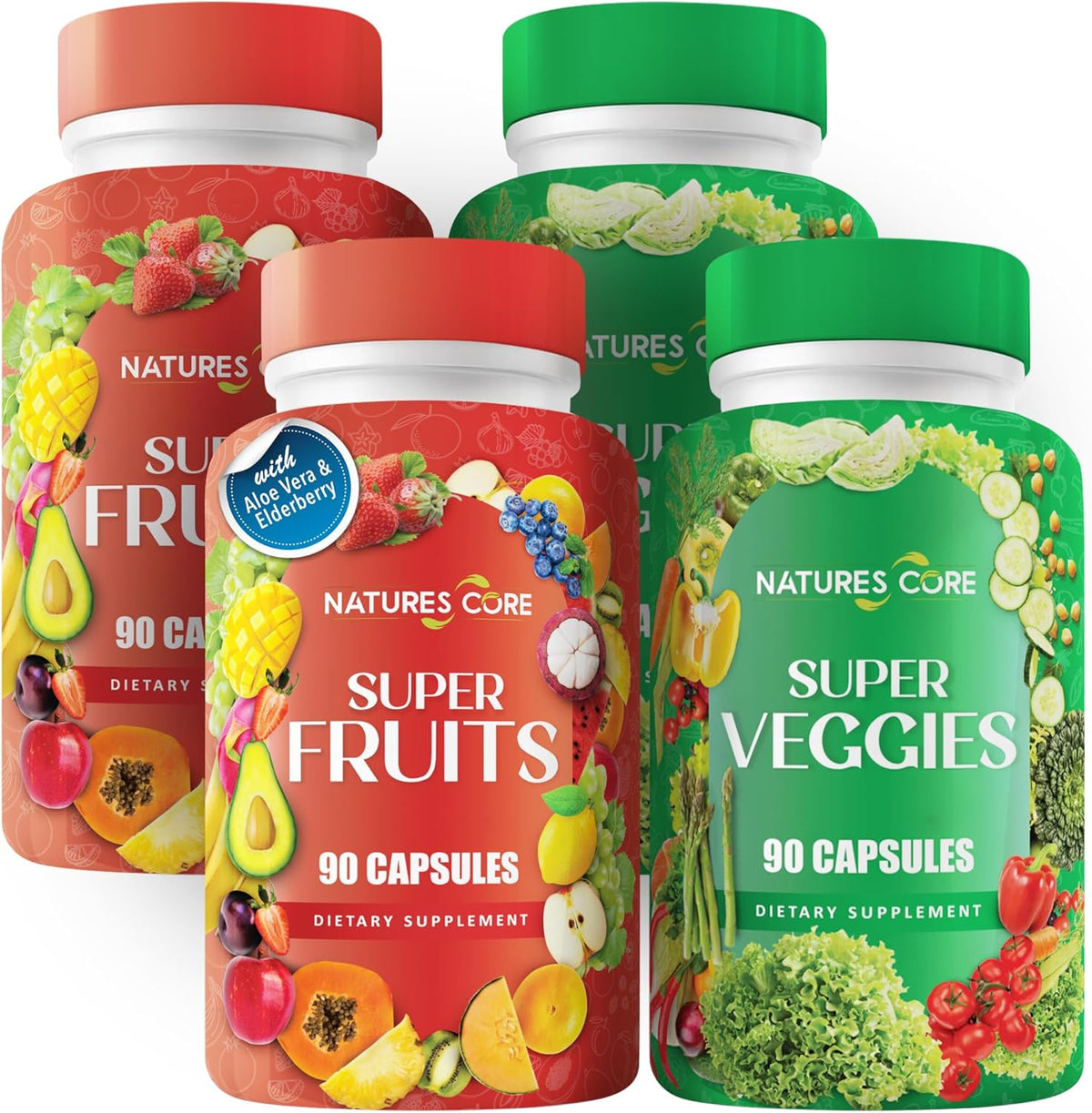 Nature's Core Fruit and Veggie Supplement - 360 Capsules - 100% Whole Super Fruit and Vegetable Vitamin, Made in the USA, Soya-free, Vegan - görsel 1