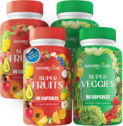 Nature's Core Fruit and Veggie Supplement - 360 Capsules - 100% Whole Super Fruit and Vegetable Vitamin, Made in the USA, Soya-free, Vegan