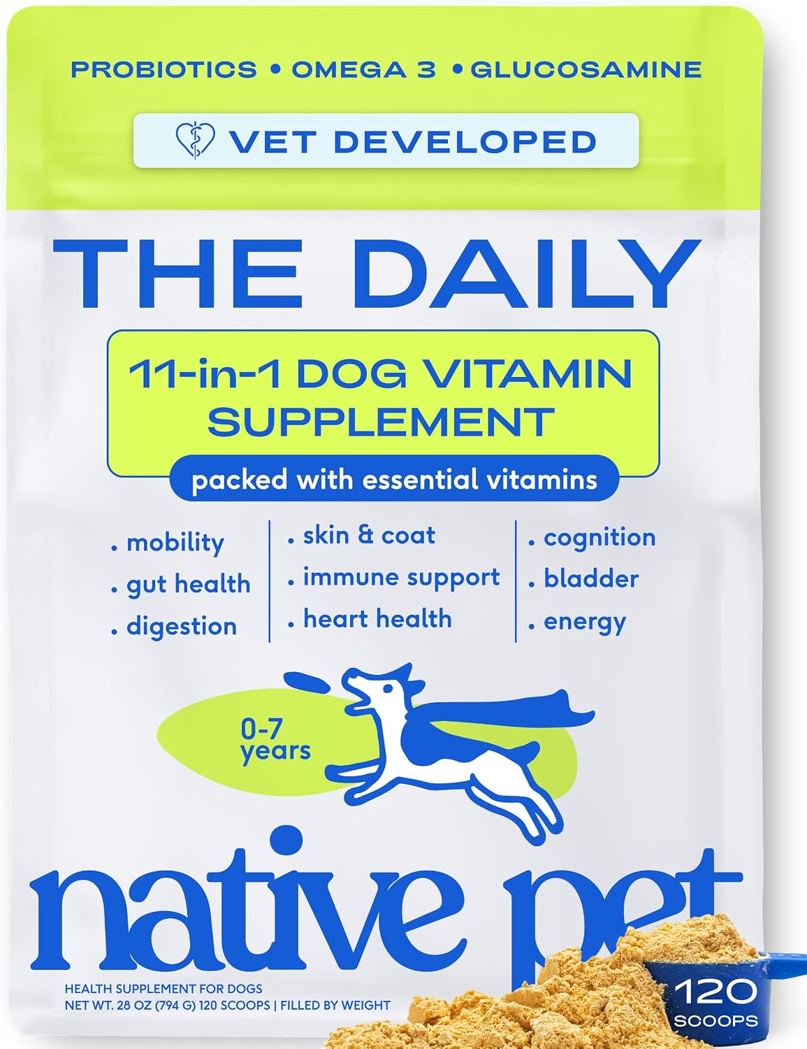 Native Pet The Daily Dog Vitamins & Supplements - 11-in-1 Multivitamin Powder for Dogs - Supports Overall Wellbeing, Digestion, Mobility & Immunity with Collagen, Glucosamine & Probiotics (120 Scoops) - görsel 1