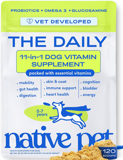 Native Pet The Daily Dog Vitamins & Supplements - 11-in-1 Multivitamin Powder for Dogs - Supports Overall Wellbeing, Digestion, Mobility & Immunity with Collagen, Glucosamine & Probiotics (120 Scoops)