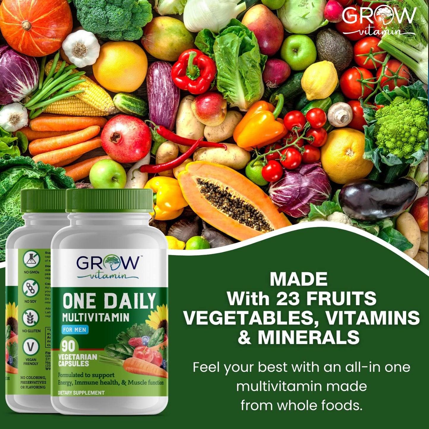 One Daily Multivitamin for Men – with Vitamins & Minerals + Organic Whole Foods, Supplement to Support Energy and General Health – Non-GMO – 90 Capsules | 3 Month Supply - görsel 4