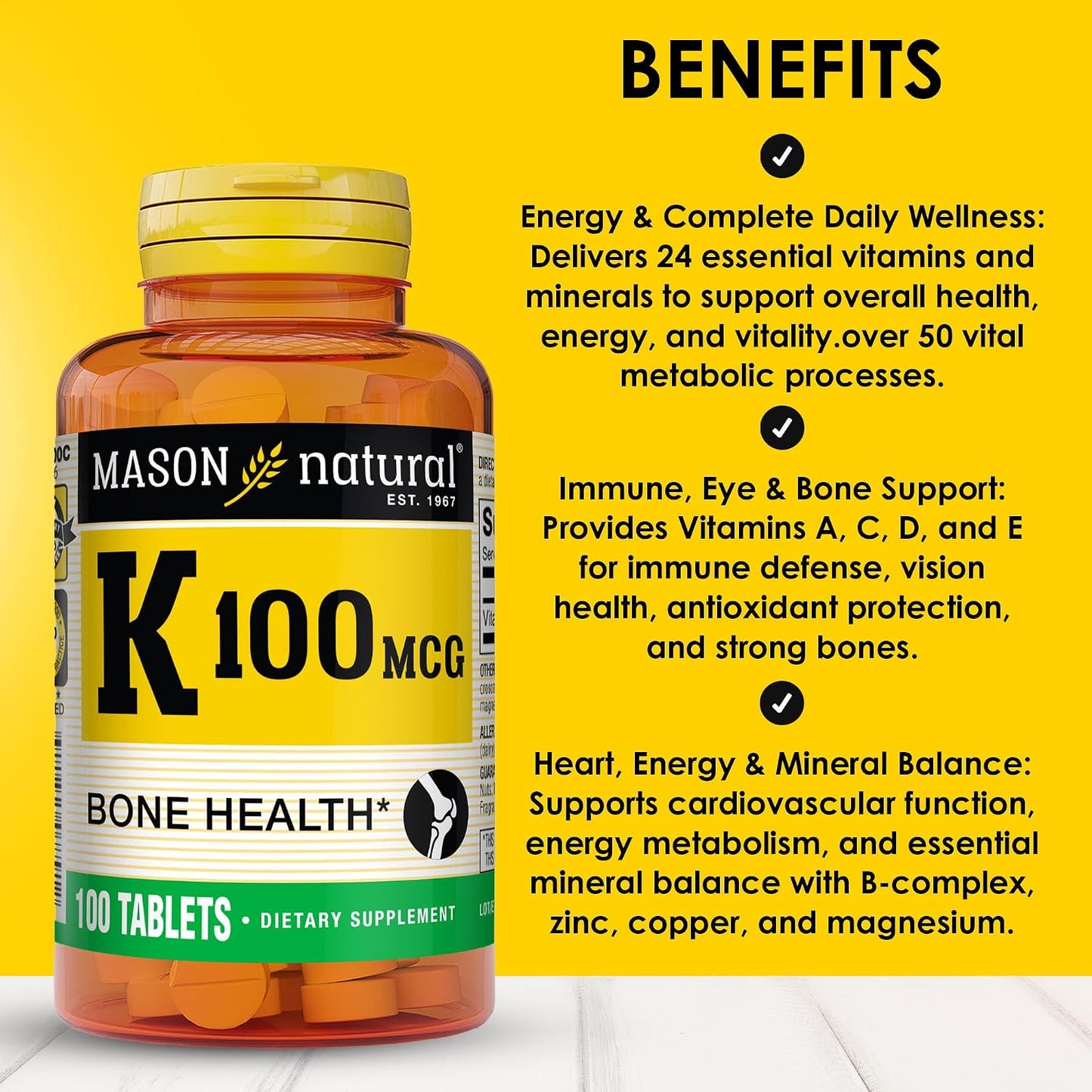 Mason Natural Vitamin K 100 mcg, Supports Normal Bones & Blood Clotting, 100 Tablets - görsel 2