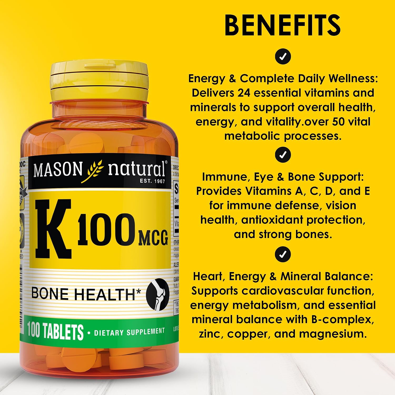Mason Natural Vitamin K 100 mcg, Supports Normal Bones & Blood Clotting, 100 Tablets - görsel 2