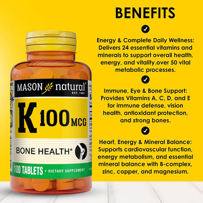 Mason Natural Vitamin K 100 mcg, Supports Normal Bones & Blood Clotting, 100 Tablets