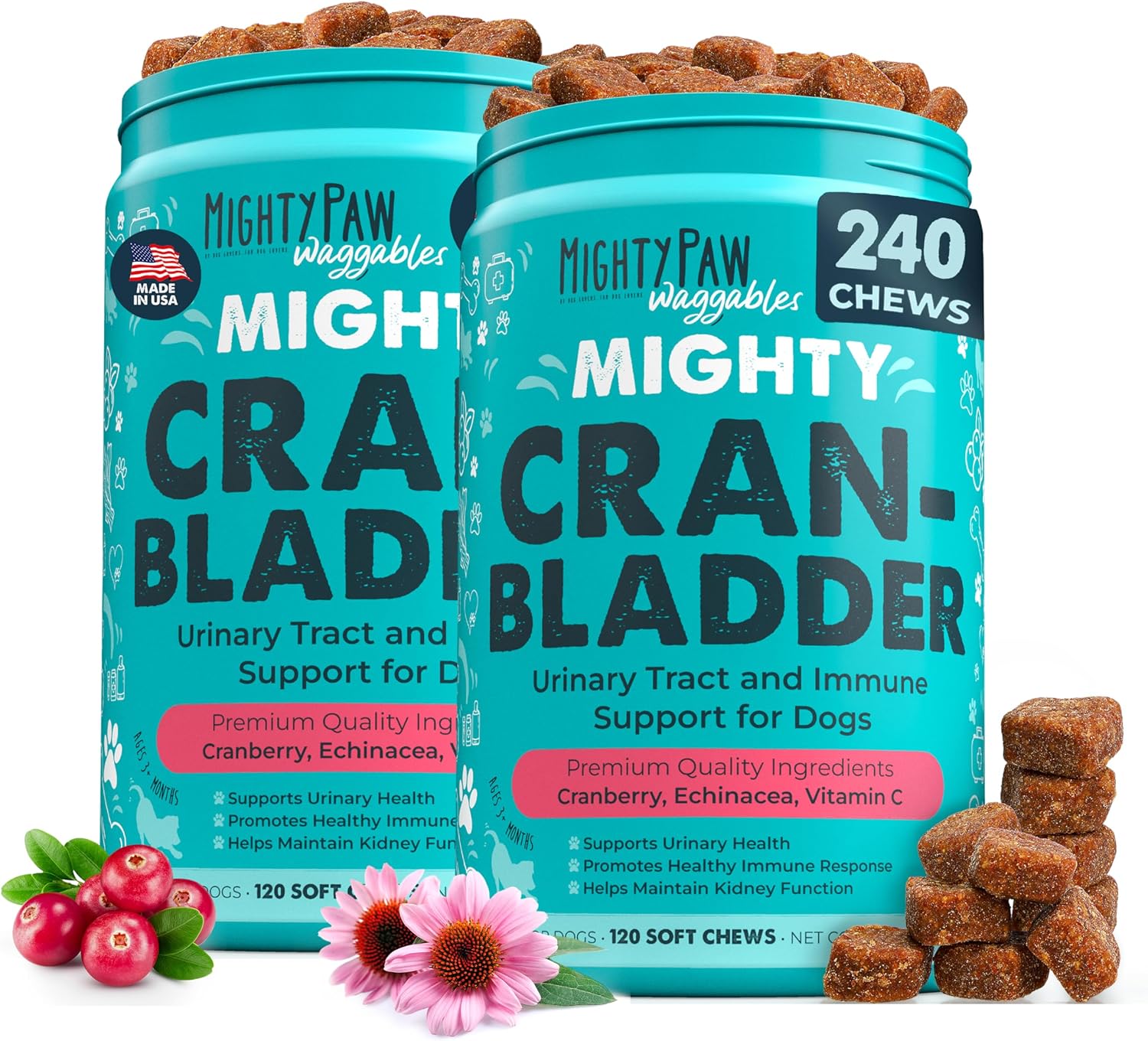Mighty Paw Waggables Cran-Bladder (Made in the USA) 2-Pack | Vet Formulated Cranberry Supplement for Dogs – Cranberry Chews for Dogs, Urinary Tract & Bladder Support, Bacon Flavoured, 240 Soft Chews - görsel 1