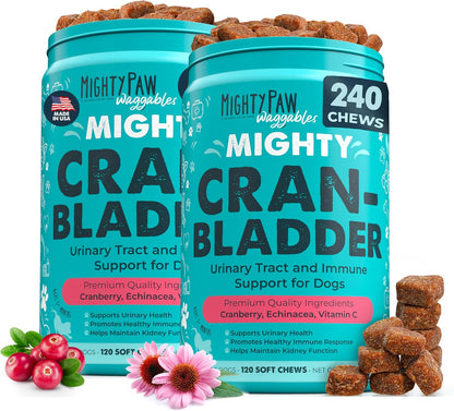 Mighty Paw Waggables Cran-Bladder (Made in the USA) 2-Pack | Vet Formulated Cranberry Supplement for Dogs – Cranberry Chews for Dogs, Urinary Tract & Bladder Support, Bacon Flavoured, 240 Soft Chews