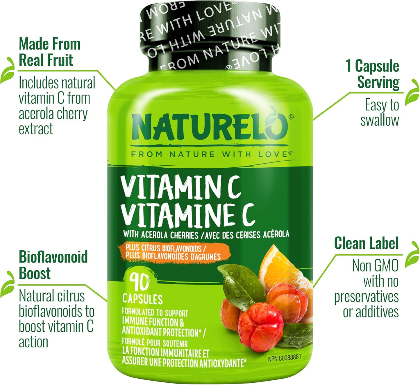 NATURELO Vitamin C with Organic Acerola Cherry and Citrus Bioflavonoids – Vegan Immune Support – 500 mg per Capsule – 90 Capsules - görsel 3