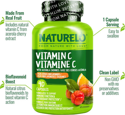 NATURELO Vitamin C with Organic Acerola Cherry and Citrus Bioflavonoids – Vegan Immune Support – 500 mg per Capsule – 90 Capsules