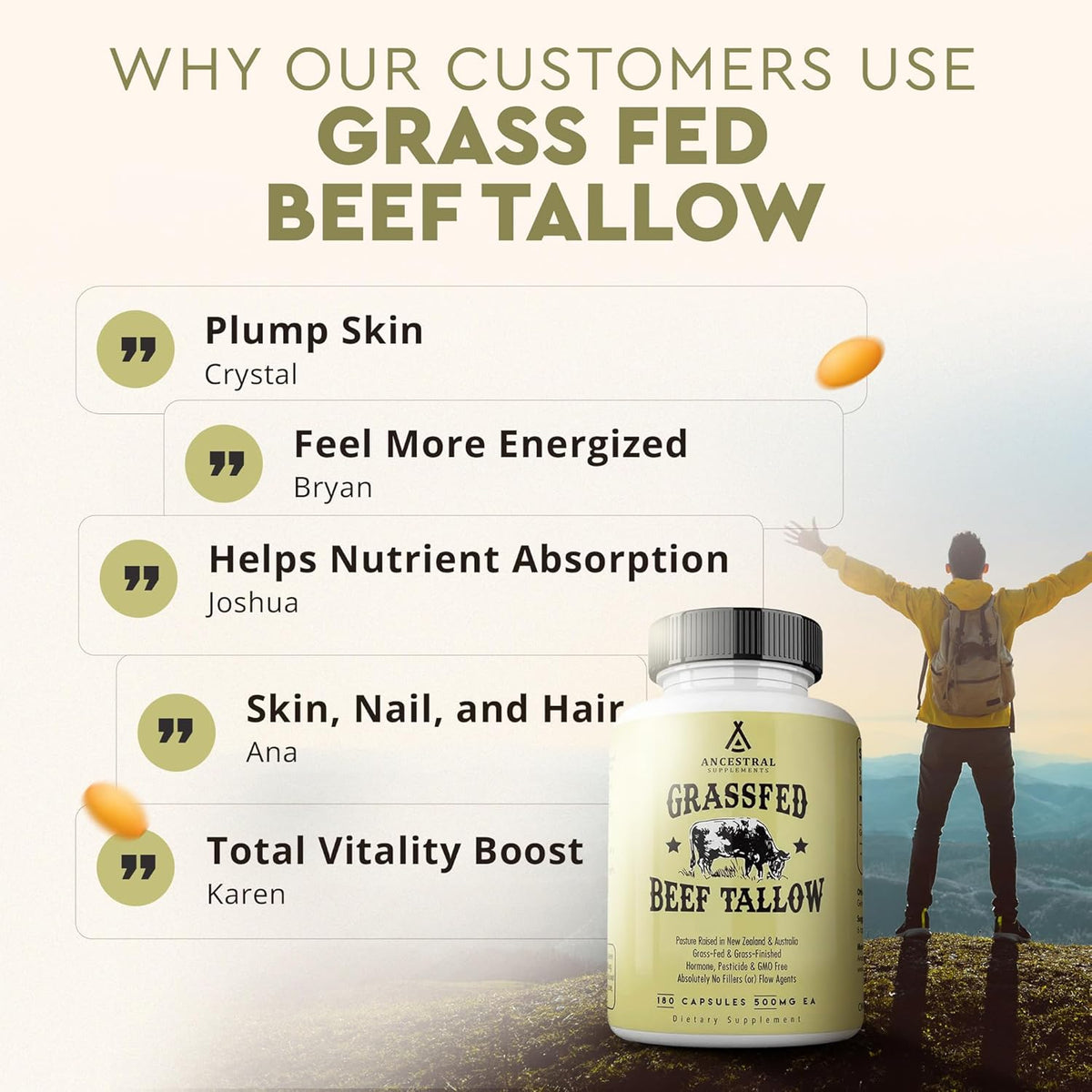 Ancestral Supplements Grass Fed Beef Tallow Capsules, 3000mg, 180 Capsules - görsel 6