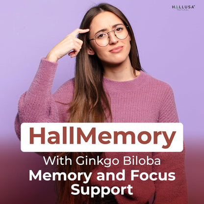 Hallusa Natural Brain Health Supplement - Cognitive Support for Memory and Focus with Ginkgo Biloba, Choline, L-Glutamic Acid and Vitamin B Complex - 60 Capsules