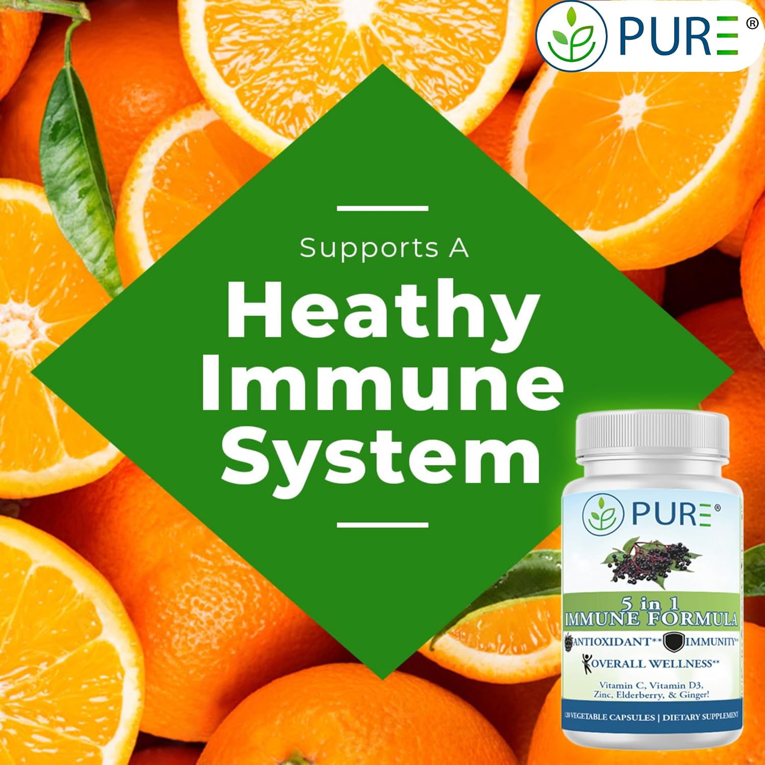 PURE® 5 in 1 Immune Formula - 120 Capsules - Black Elderberry, Vitamin C, D3, Zinc & Ginger Root - görsel 3