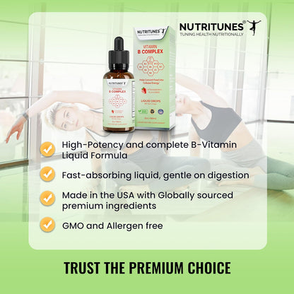 Nutritunes Liquid Vitamin B Complex – High-Potency B-Vitamin Drops – Strawberry Flavour, Non-GMO, Sugar-Free