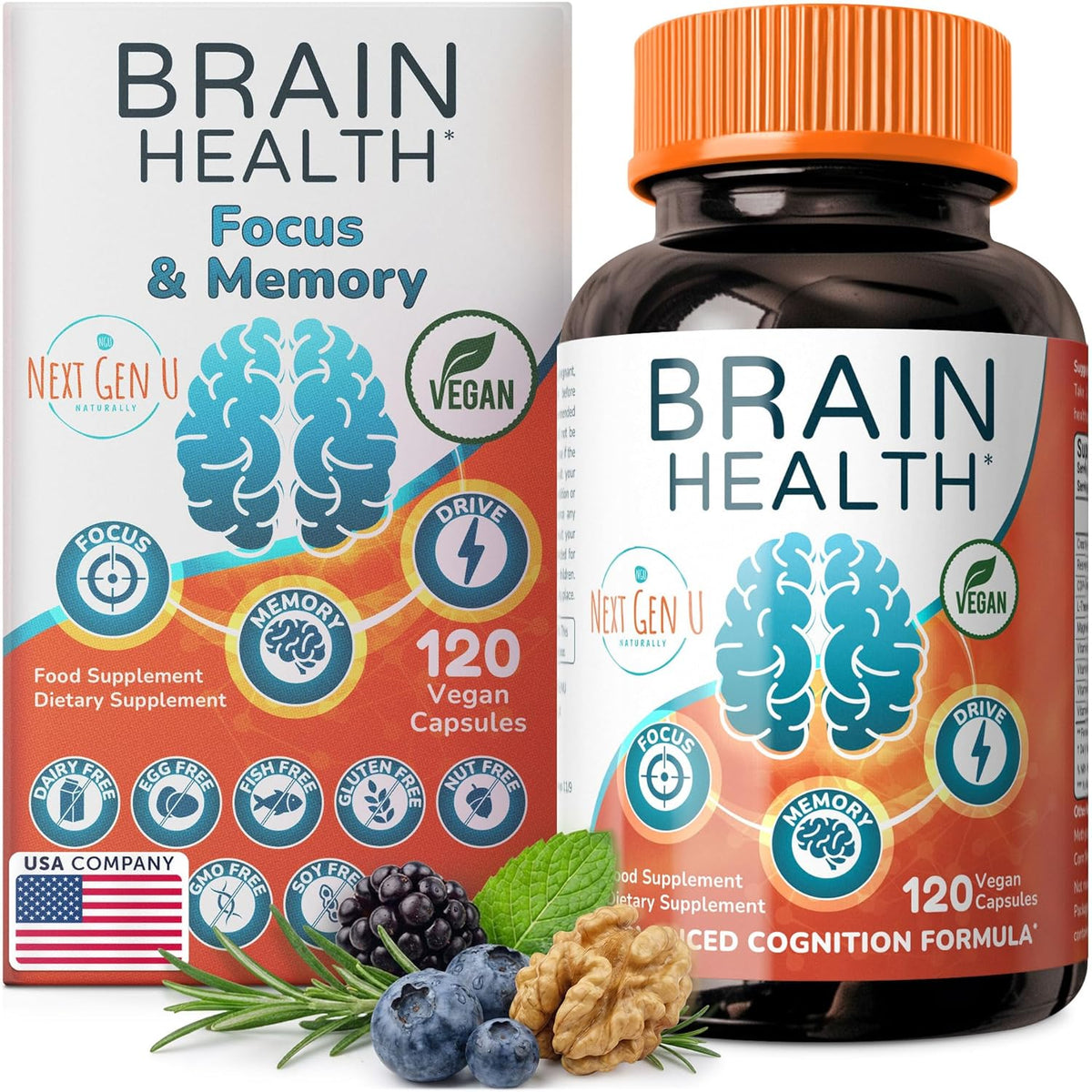 Brain Supplement - 120 Vegan Capsules - Nootropic for Memory, Cognitive Function and Focus - NextGenU - görsel 1