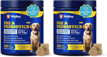 YoYoBay Probiotics for Dogs – Digestive Health, Immune Support, Itchy Skin Relief – Duck & Pear Flavour, 360 Chews (2 Pack)