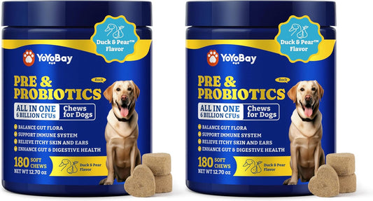 YoYoBay Probiotics for Dogs – Digestive Health, Immune Support, Itchy Skin Relief – Duck & Pear Flavour, 360 Chews (2 Pack)