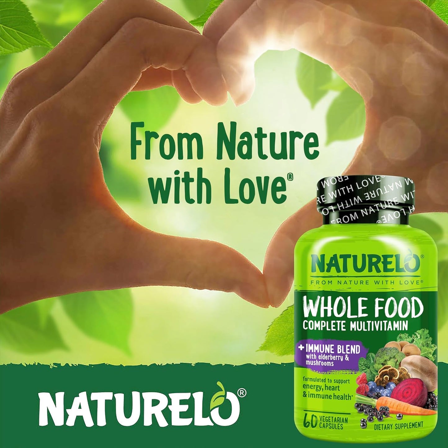 NATURELO Whole Food Multivitamin + Immune Blend with Elderberry & Mushrooms - Complete Multivitamin with Extra Immune Support - 60 Vegan Capsules - görsel 6