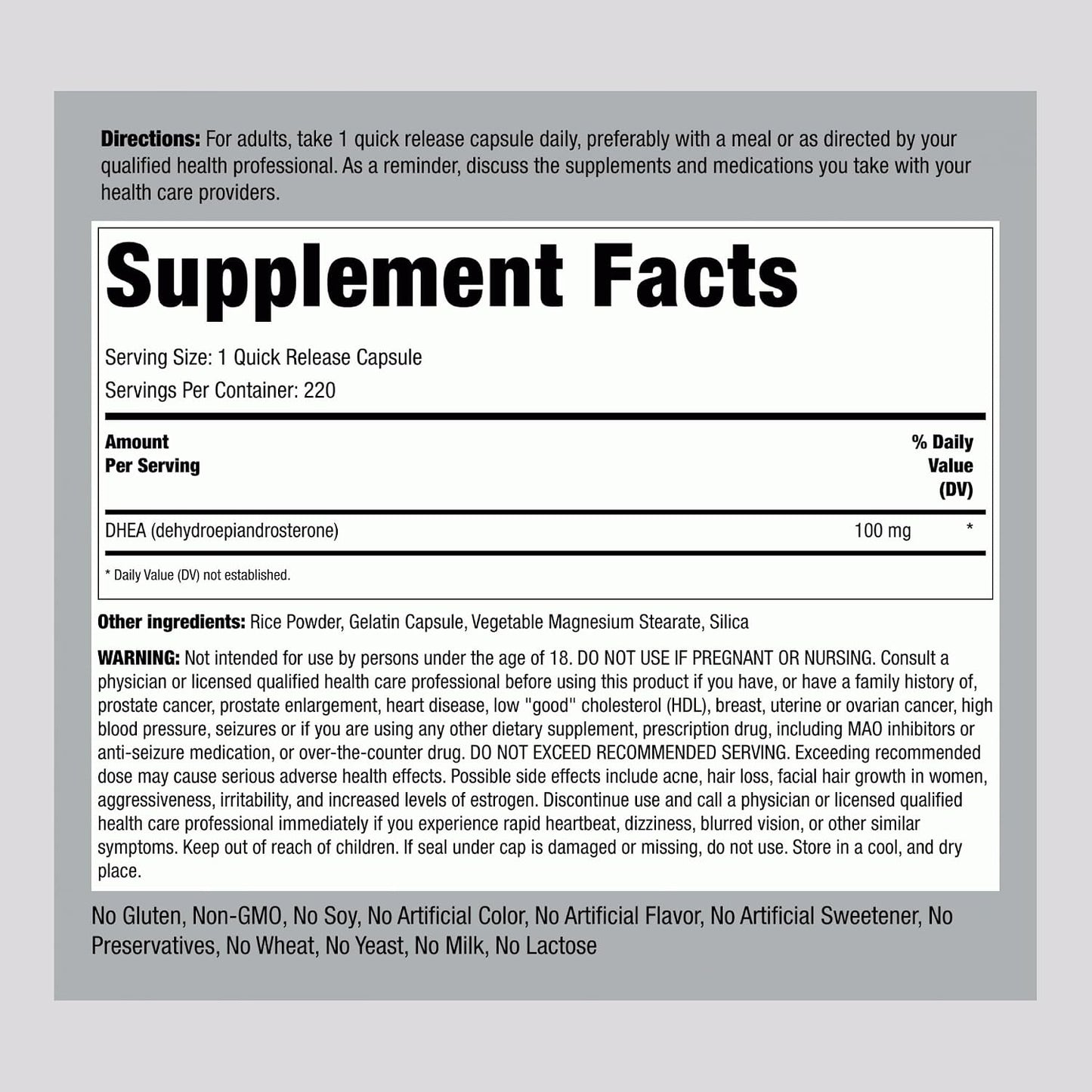 Piping Rock DHEA Supplement for Women and Men | 220 Quick Release Capsules | 100mg | Dehydroepiandrosterone | Non-GMO, Gluten-free - görsel 2