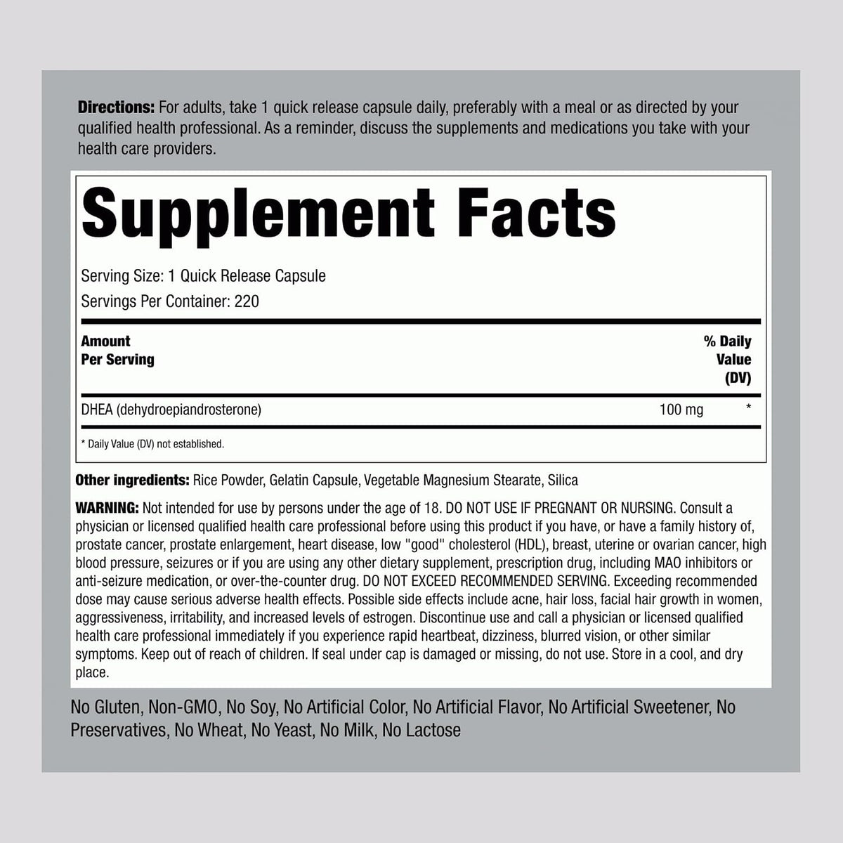 Piping Rock DHEA Supplement for Women and Men | 220 Quick Release Capsules | 100mg | Dehydroepiandrosterone | Non-GMO, Gluten-free - görsel 2