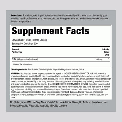 Piping Rock DHEA Supplement for Women and Men | 220 Quick Release Capsules | 100mg | Dehydroepiandrosterone | Non-GMO, Gluten-free