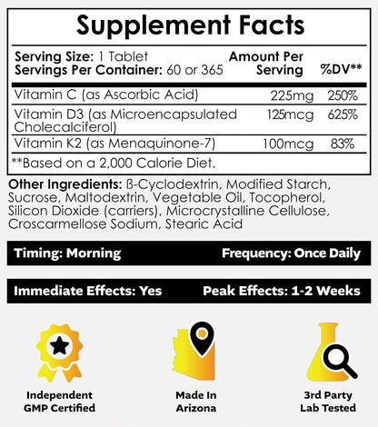 Nootropics Depot Vitamin D3 + K2 with Vitamin C Tablets – 365 Count (5000 IU)