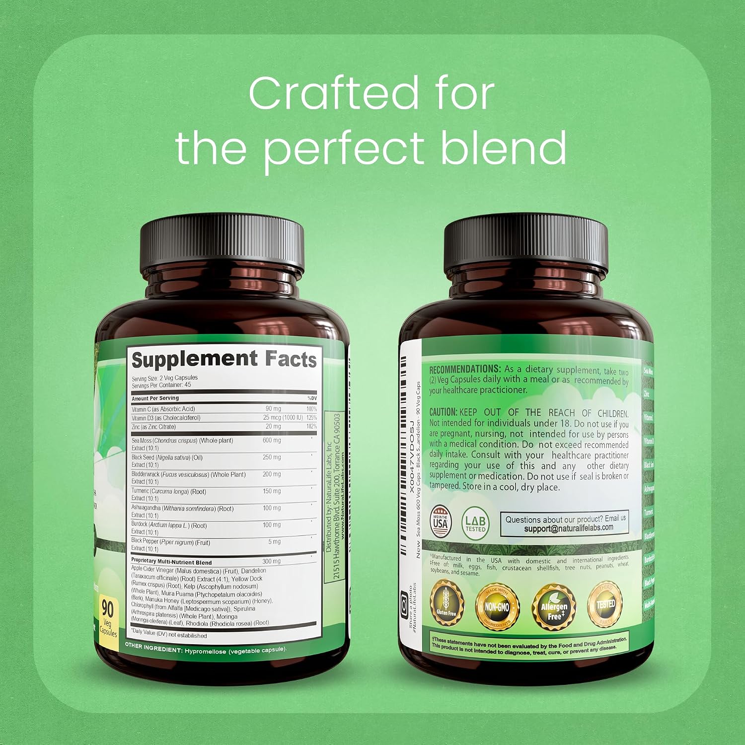 Sea Moss, Black Seed Oil, Bladderwrack, Turmeric, Ashwagandha, Burdock, Vitamin C, D3, Zinc - 90 Veggie Capsules - görsel 7