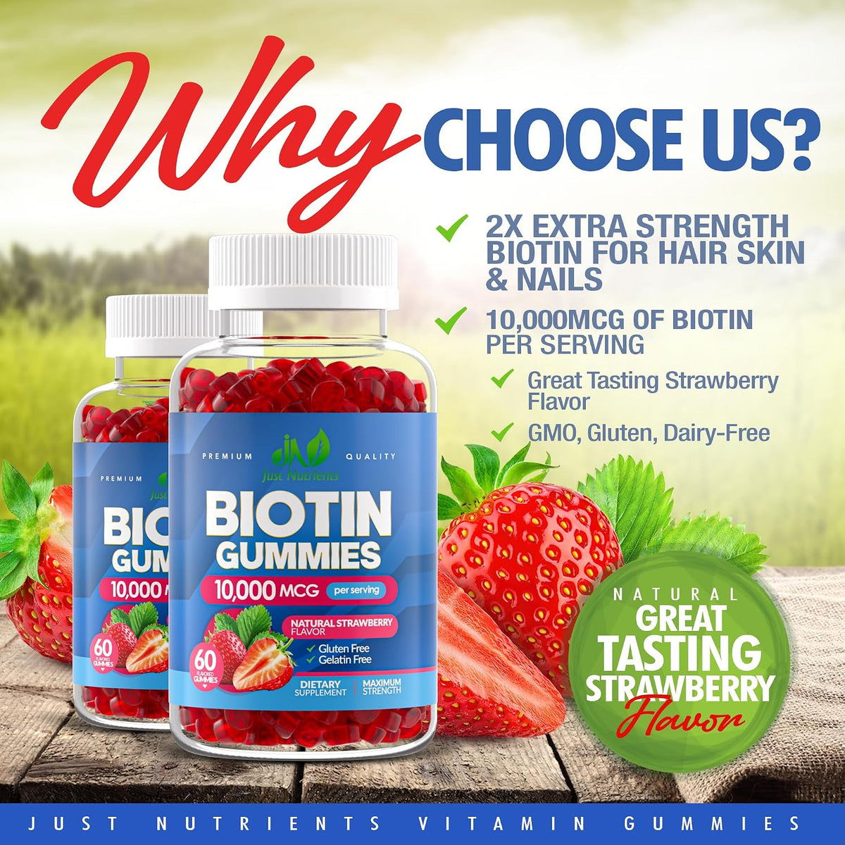 Biotin 10,000mcg Gummies for Hair, Skin & Nails - 2x Maximum Strength Biotin Vitamins for Women & Men - Gluten-free, Vegan, Non-GMO, Great Tasting Strawberry Flavour - 60 Gummies - görsel 2