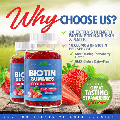 Biotin 10,000mcg Gummies for Hair, Skin & Nails - 2x Maximum Strength Biotin Vitamins for Women & Men - Gluten-free, Vegan, Non-GMO, Great Tasting Strawberry Flavour - 60 Gummies