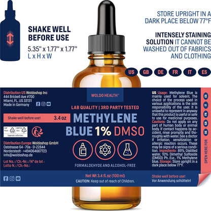 WoldoHealth DMSO 10% with Methylene Blue 1% - 3.4oz Amber Glass Bottle with Precision Dropper