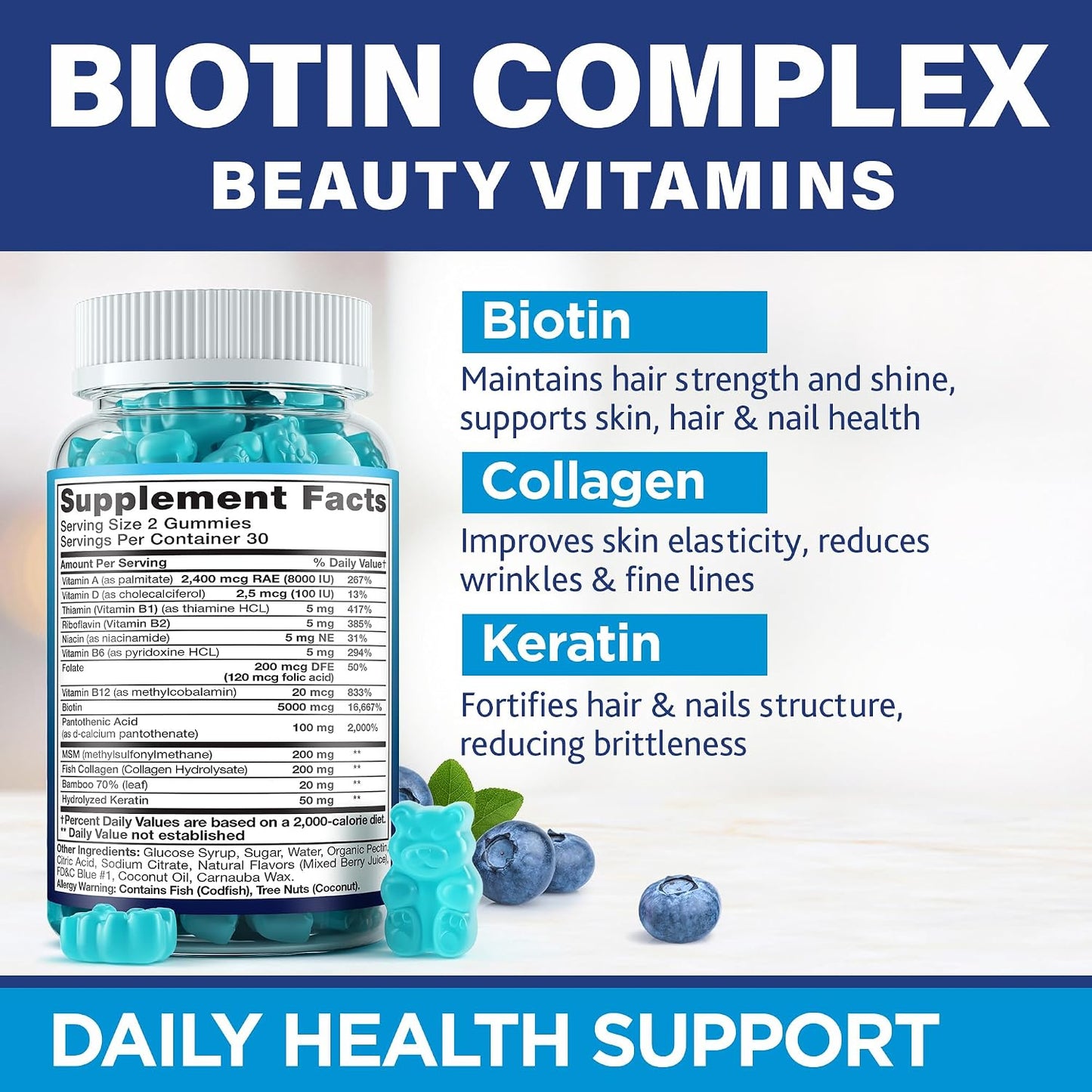 Biotin Gummies with Collagen & Keratin – Hair Strength Support, Skin and Nail Vitamins for Women & Men – Vitamin B7 + B-Complex, MSM, Bamboo Extract – Beauty Chew Supplement – 60 Gummy Bears - görsel 2
