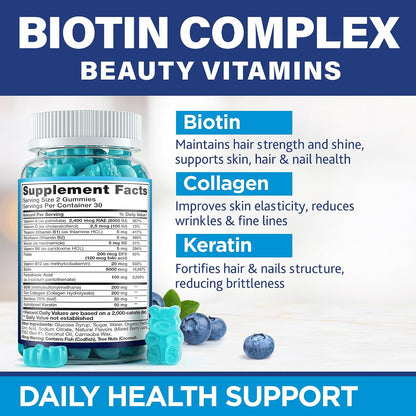 Biotin Gummies with Collagen & Keratin – Hair Strength Support, Skin and Nail Vitamins for Women & Men – Vitamin B7 + B-Complex, MSM, Bamboo Extract – Beauty Chew Supplement – 60 Gummy Bears