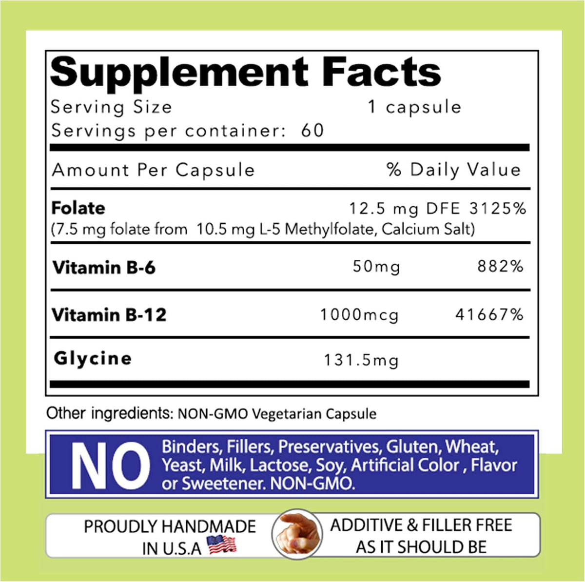 Our Daily Vites L-Methylfolate B Complex - Active Folate, Methylcobalamin, B6, Glycine - 60 Capsules - görsel 6